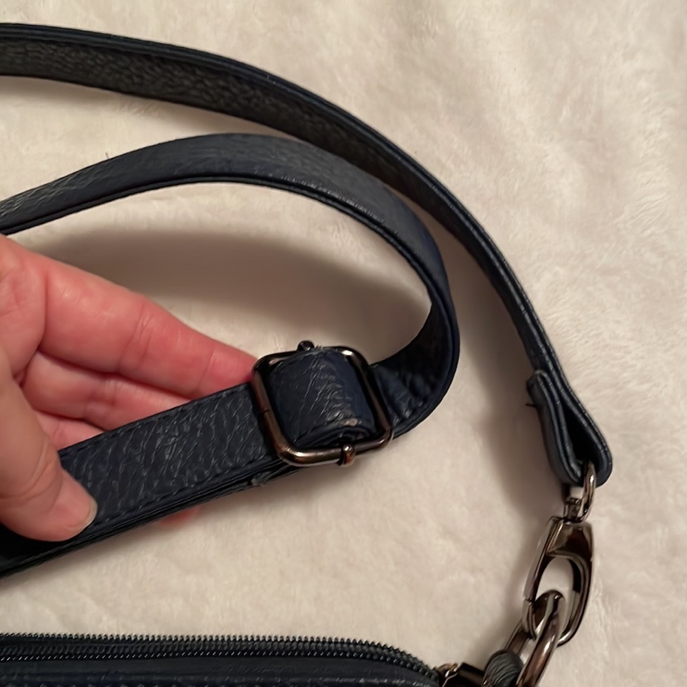Navy blue vegan pebbled material shoulder bag. - Picture 7 of 12
